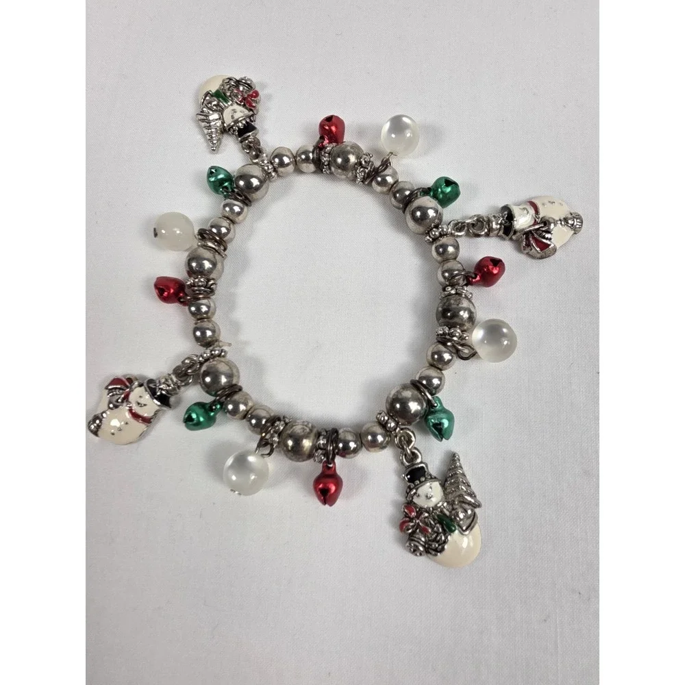 Holiday Christmas Charm Bracelet Beaded‎ Stretch Snowman Red Green Bells Gift